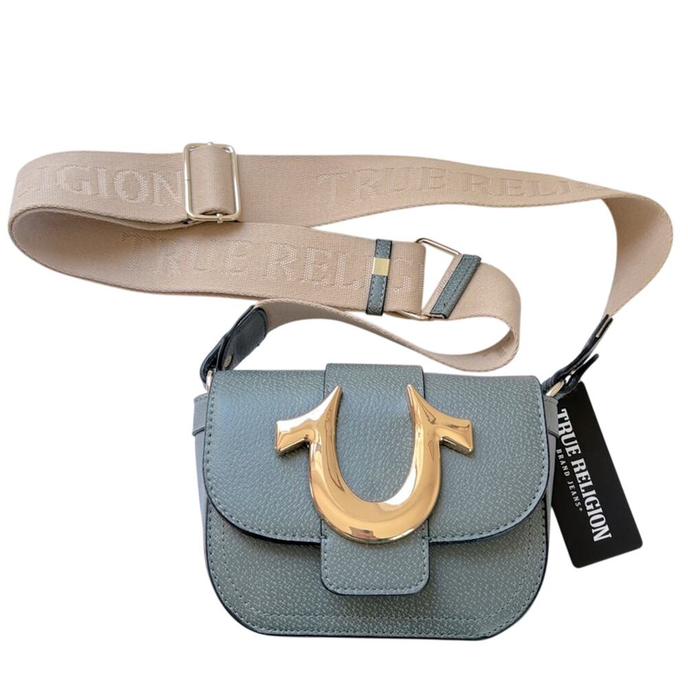 NEW True Religion Crossbody Mini Bag Sage Green Gold Horseshoe Logo Adjustable